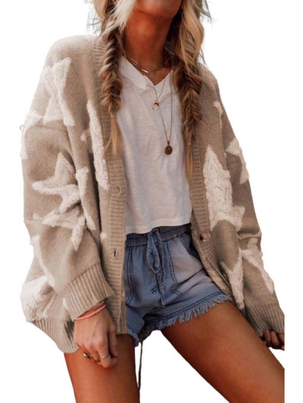 Cozy Star Print Sherpa Knit Cardigan with Pockets for Women - Stylish Layering